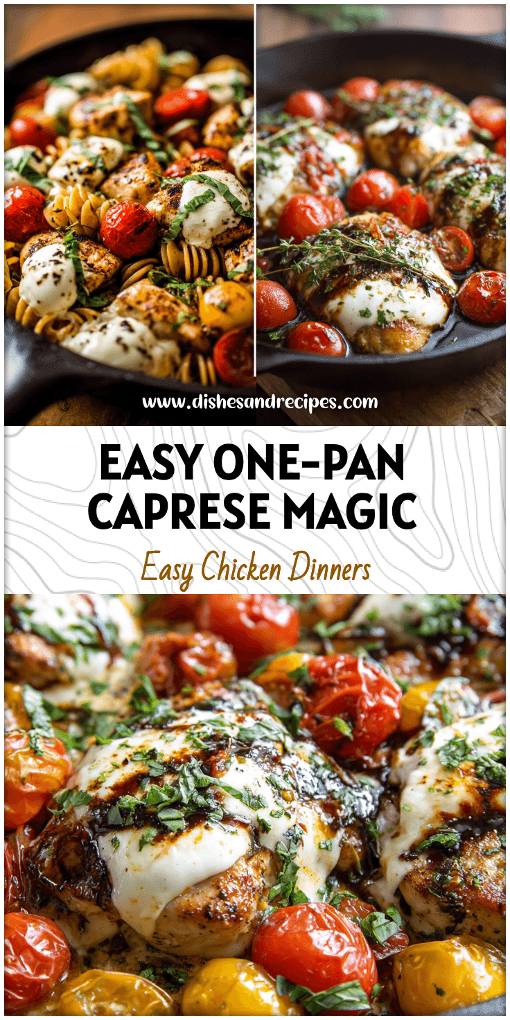 Skillet filled with balsamic chicken, melted mozzarella, and tomatoes for a One Pan Chicken Caprese Pasta.